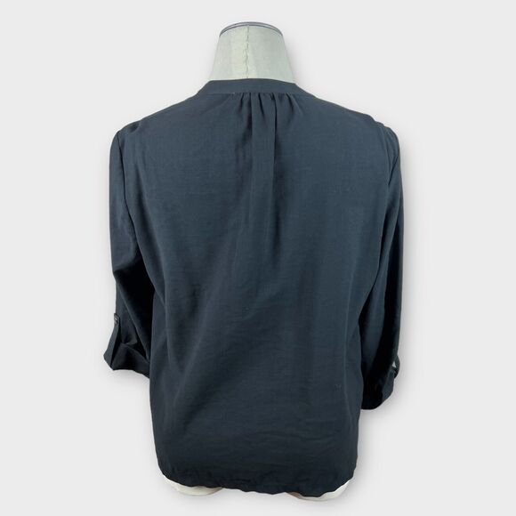 Nine West Black Minimalist Wide Collar Roll Tab Sleeve Asymmetric Jacket XL - Picture 3 of 11